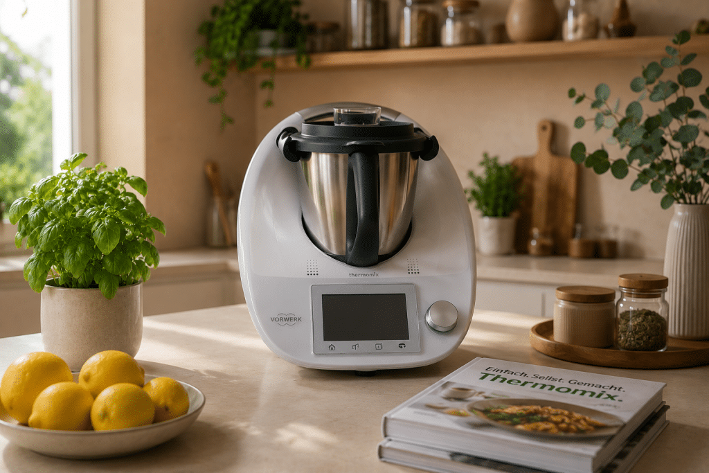 Ein Thermomix steht in der Küche auf einem Tisch. Drumherum sieht man Dekoration.