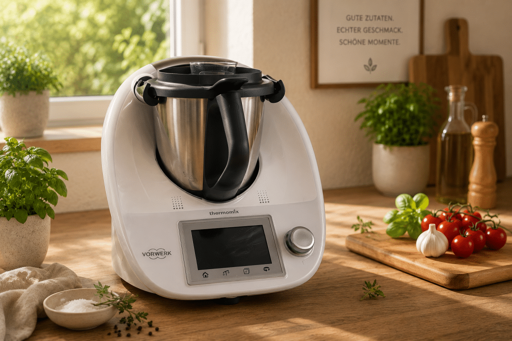 Thermomix in moderner Designer-Küche mit hochwertiger Dekoration und gemütlicher Wohnatmosphäre