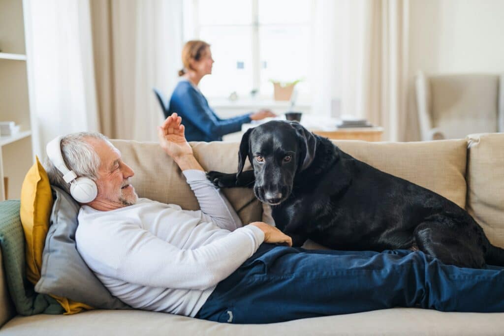 Hund auf dem Sofa im Wohnzimmer mit einem älteren Mann und im Hintergrund eine alte Dame