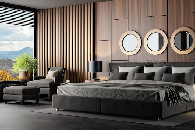 Modernes Schlafzimmer mit gepflegeter Einrichtung.